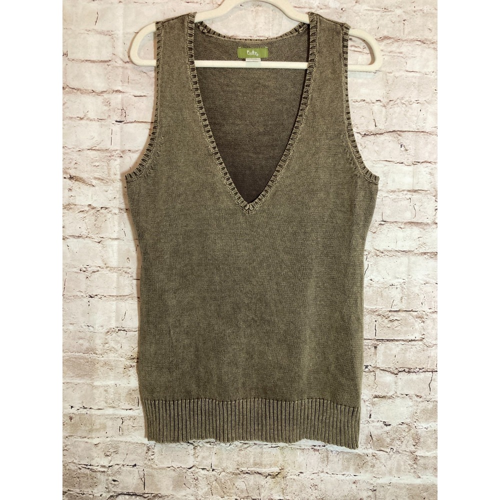 Pulp Sweater Vest Womens Small Distressed Brown Preppy Academia Lagenlook Cotton